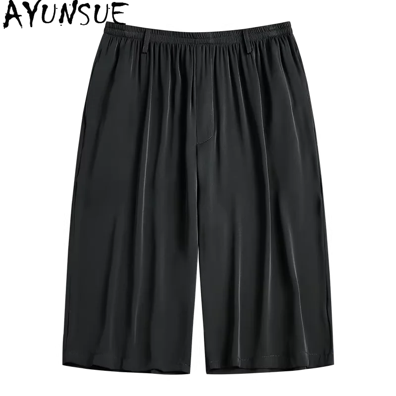 AYUNSUE 92%Real Mulberry Silk Shorts Man Clothing Summer 2026 Casual Elastic Waist Black Short Pants Knee Length Short De Hombre