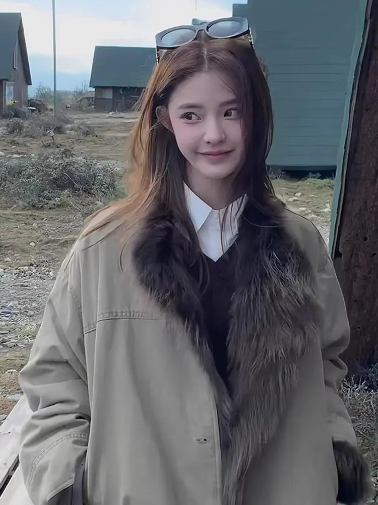 

2026 зимнее женское хлопковое пальто с меховым воротником из натуральной кожи и меха Ele Jaet, размер Sli Cact, корейский размер