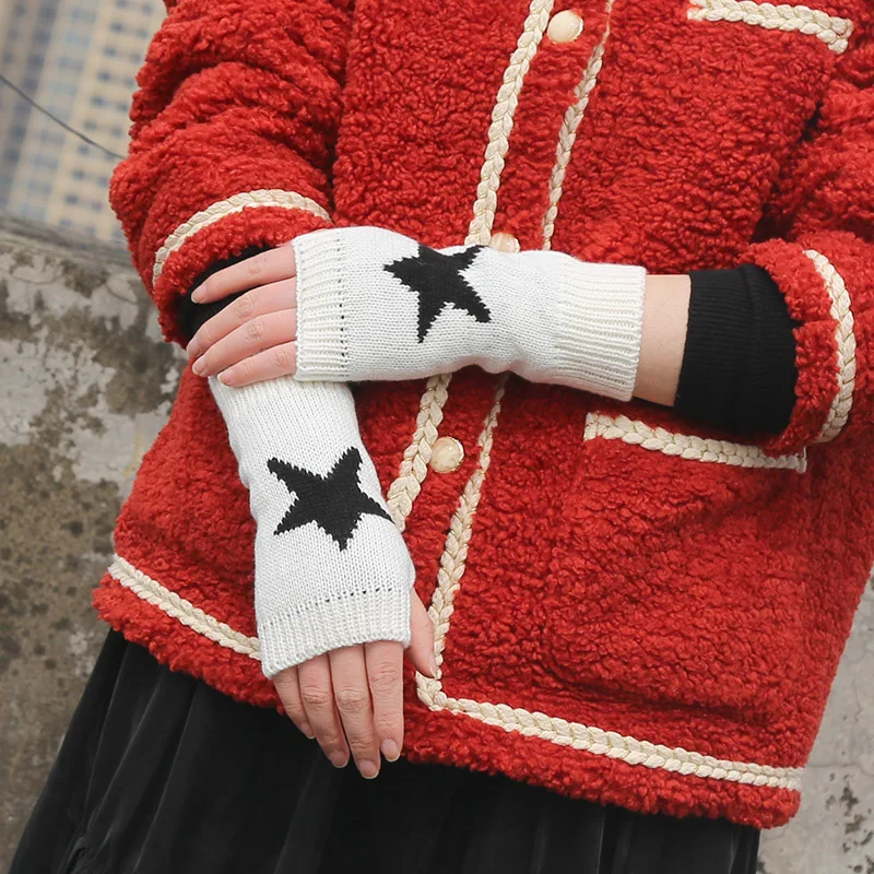 Y2K Fashion Finger-exposed Five-pointed Star Gloves Autumn Winter Warm Half Finger Women Thickened Knitted Gloves