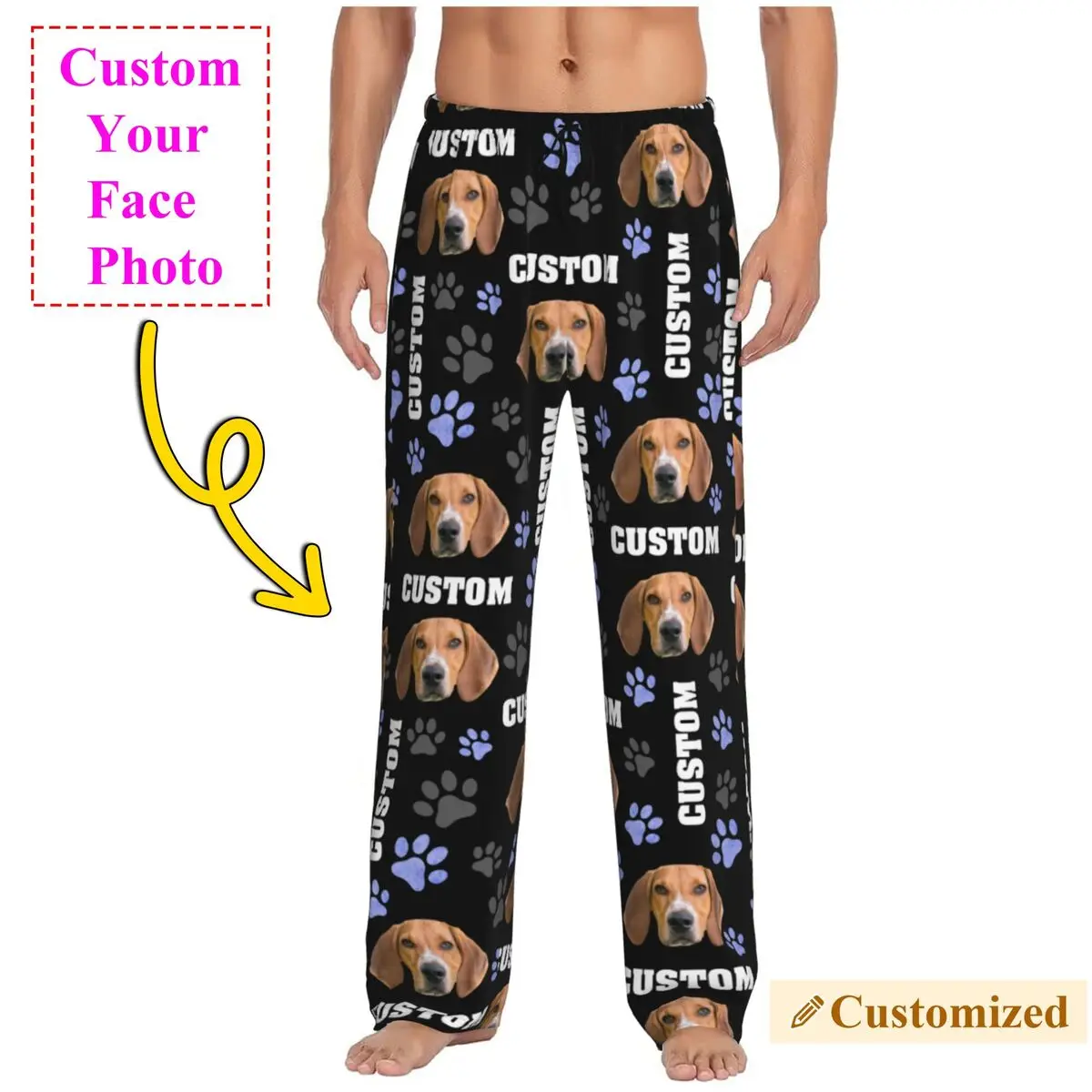 Men Custom Dog Photo Pajama Pants Personalized Pet Portrait Name Design Sleepwear Sleep Lounge Bottoms with Pockets