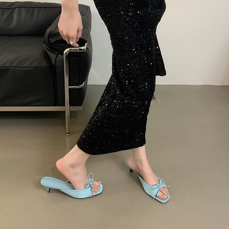 

Blue Womans Slippers Black Silk Bow Summer Shoes Casual Ladies Sandals New Arrival 2024 With Low Heels Sandalias 2024 Mujer