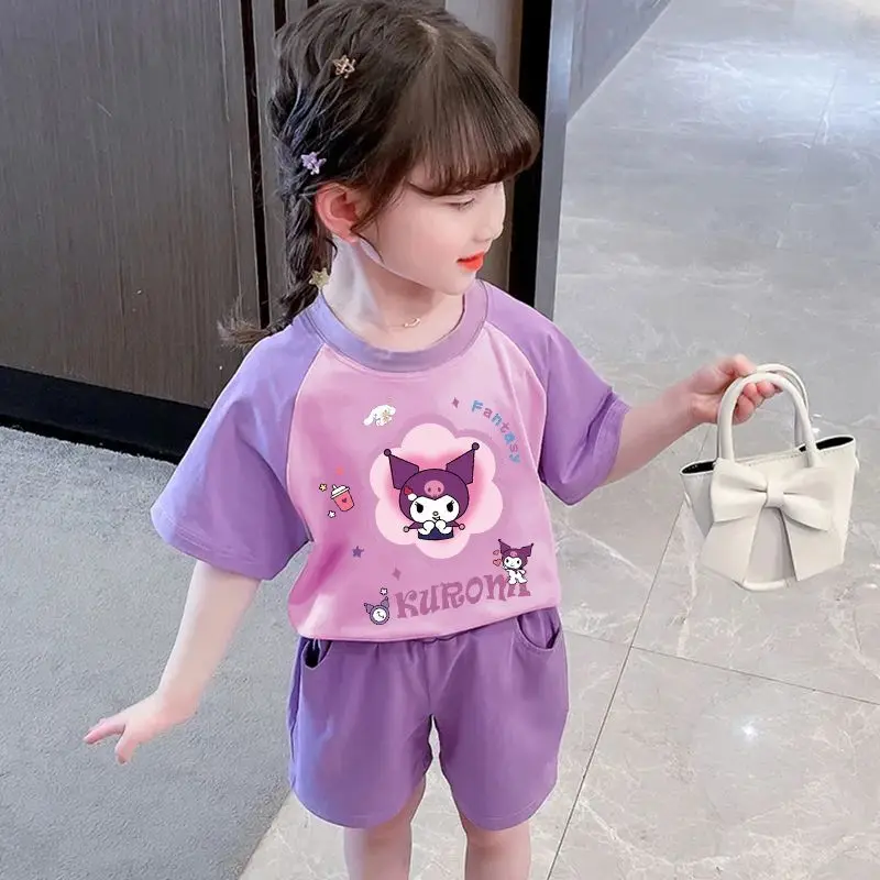 2 Stuks Anime Sanrios Cinnamoroll Korte Mouw Short Outfit Kawaii Mijn Melodie Kuromi Meisjes Katoenen T-Shirt Zomer Cartoon Tops Broek