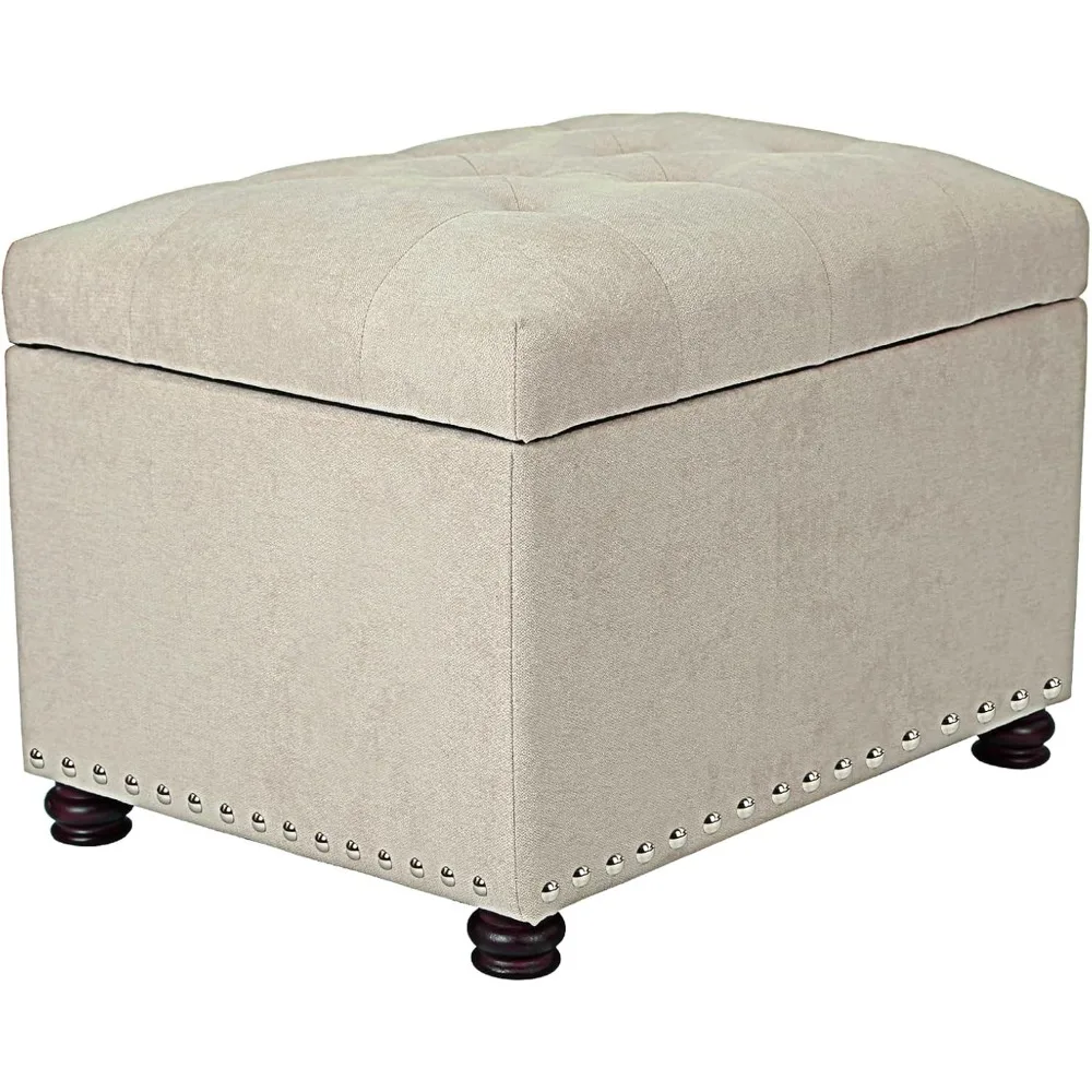 

Fabric Storage Ottoman Lift Top Rectangular Foot Rest Stool with Nailheads for Bedroom Living Room (Beige)