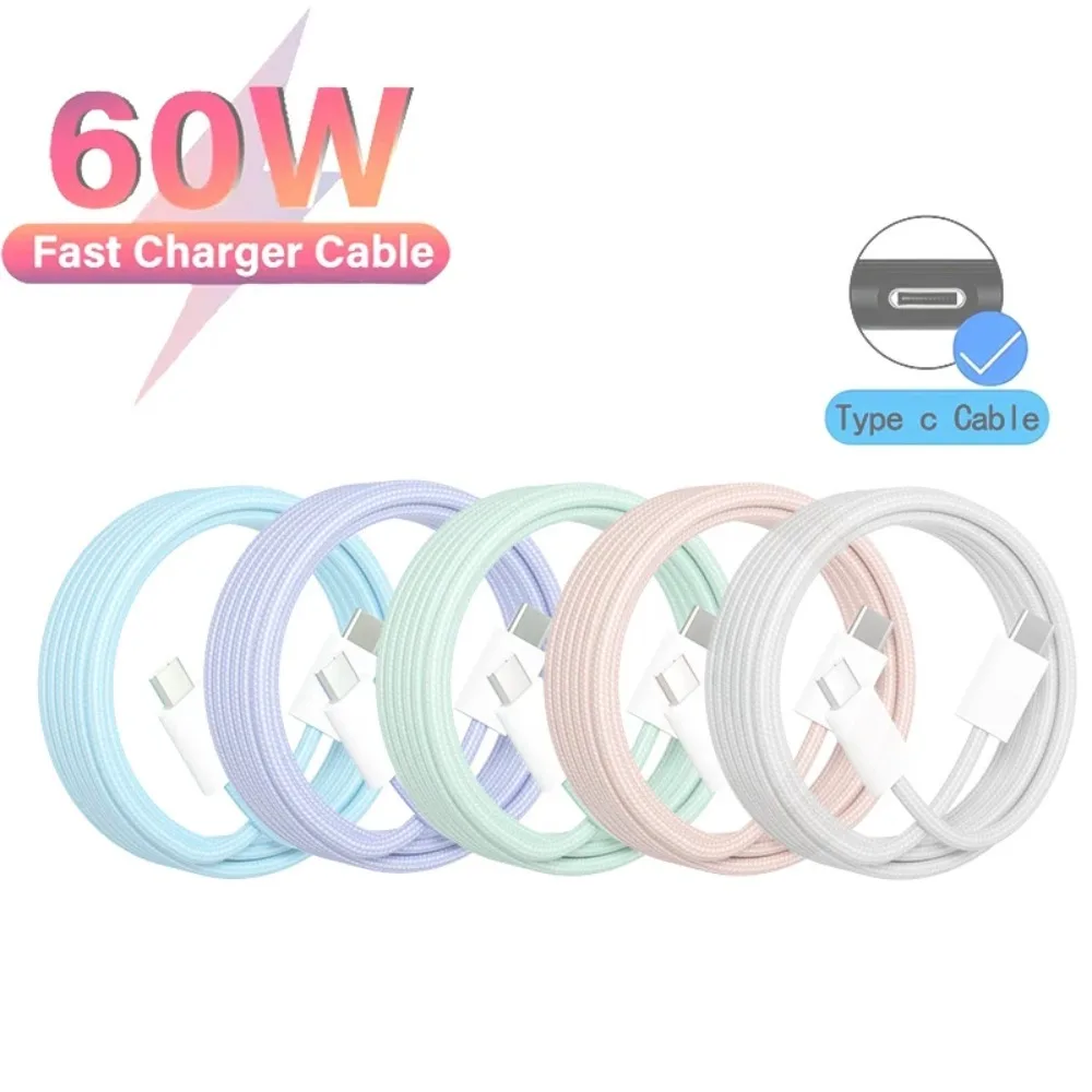 Cable de carga rápida PD 60W Tipo C a Tipo C de color para iPhone 15 15 Pro, Xiaomi, Samsung, Huawei, cable trenzado Tipo C de 1M 2M 3M