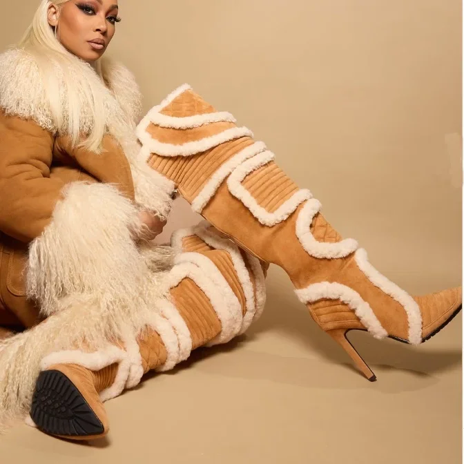 

Коричневые замшевые сапоги до бедра из овчины, женские кожаные сапоги выше колена с острым носком на шпильке с молнией сзади, зимние зимние сапоги