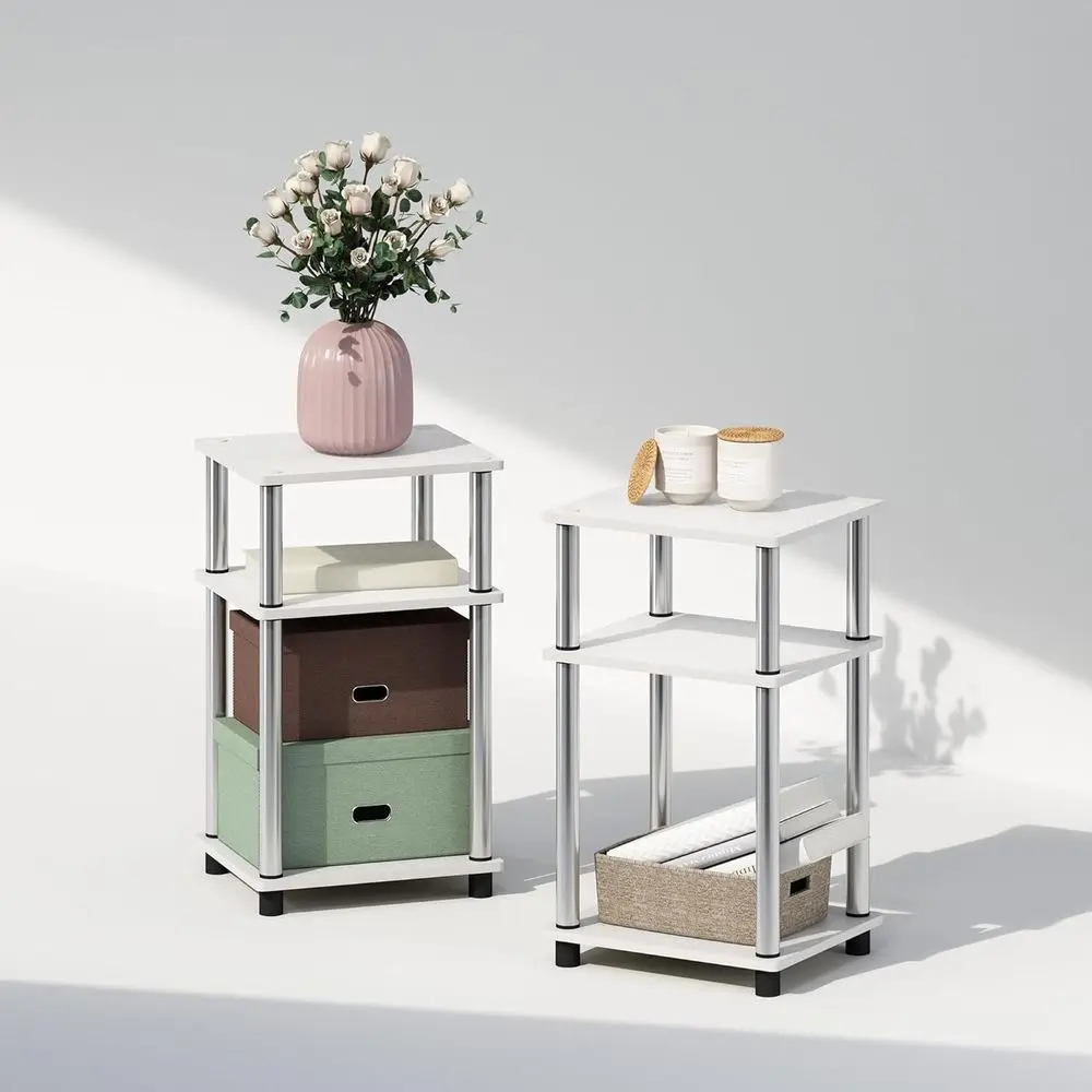 Just 3-Tier Turn-N-Tube Open Storage Nightstand, 2-Pack, Plastic Poles, White Oak/StainlSteel