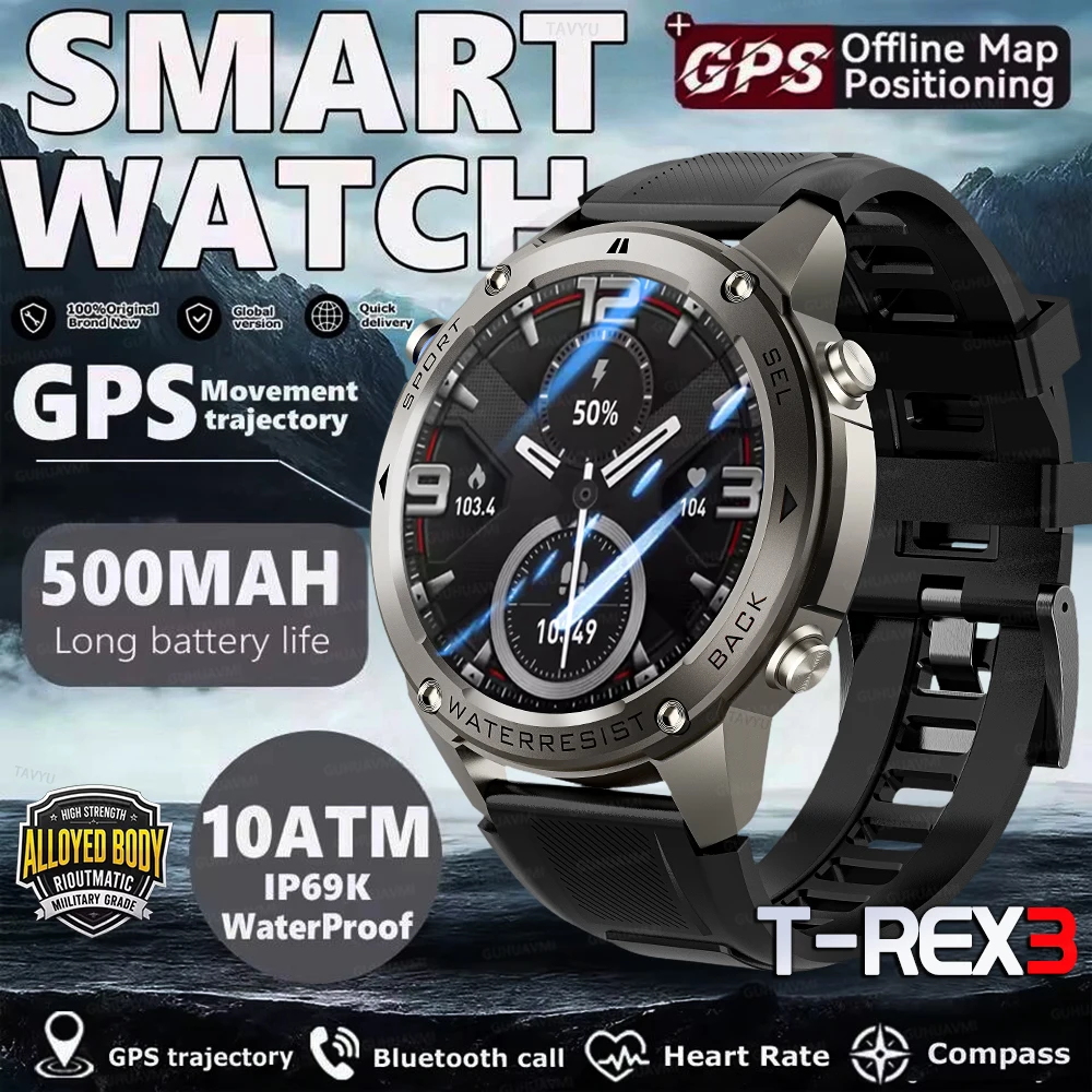 

2026 New Military T-Rex3 Outdoor GPS10ATM Waterproof 1.43 HD Sapphire AMOLED Barometric Altimeter Compass GPS Smart Watch Men