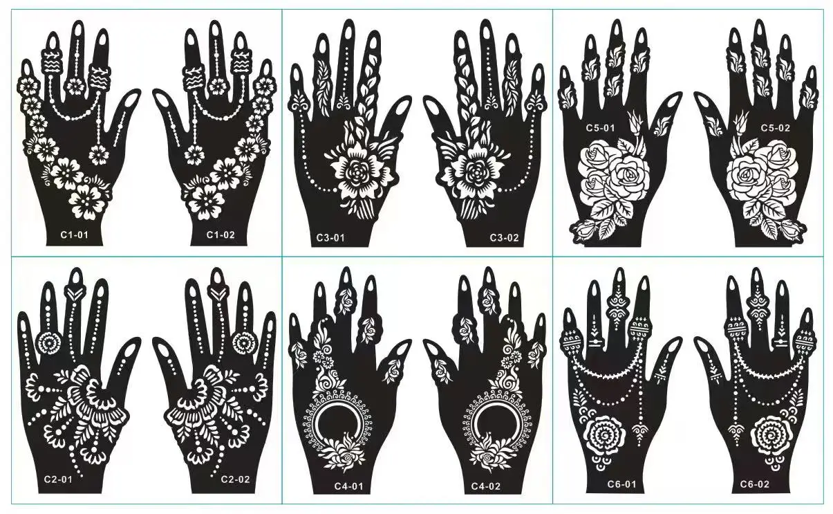Blumenmuster-Tattoo-Schablonen für Frauen, hohle Henna-Tattoo-Schablonen für Hand und Finger, wiederverwendbare Tattoo-Vorlagen, Tattoo-Werkzeuge – Detail 1