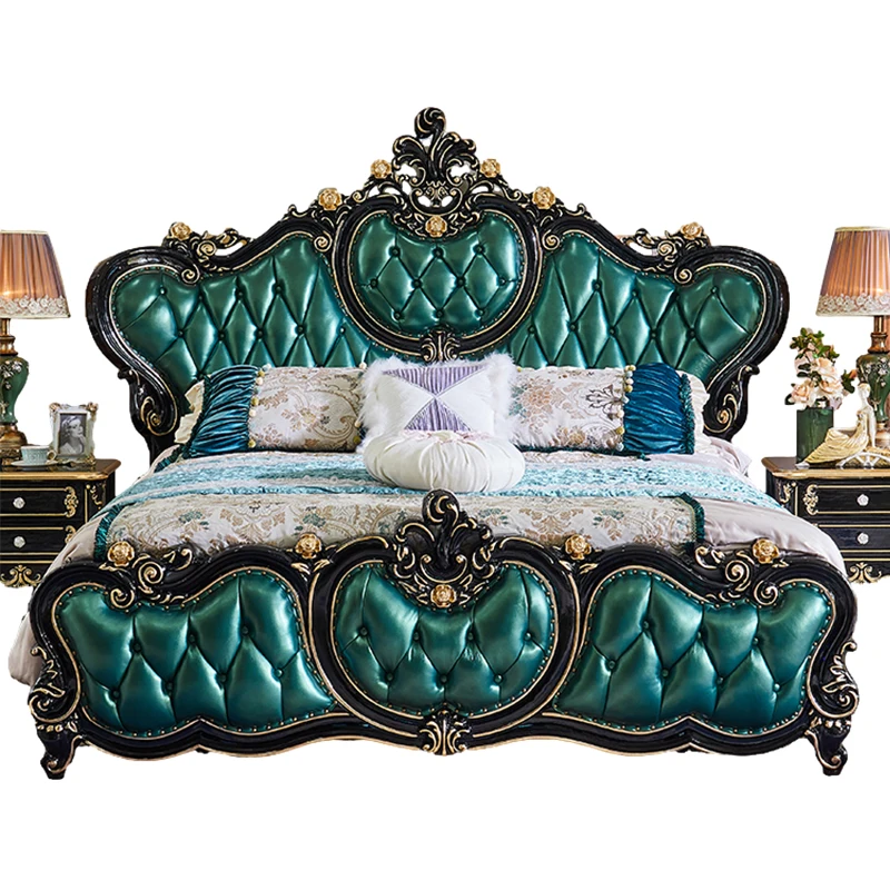 

European large master bedroom deluxe leather double bed 2 meters large apartment full solid wood bed 1.8 meters