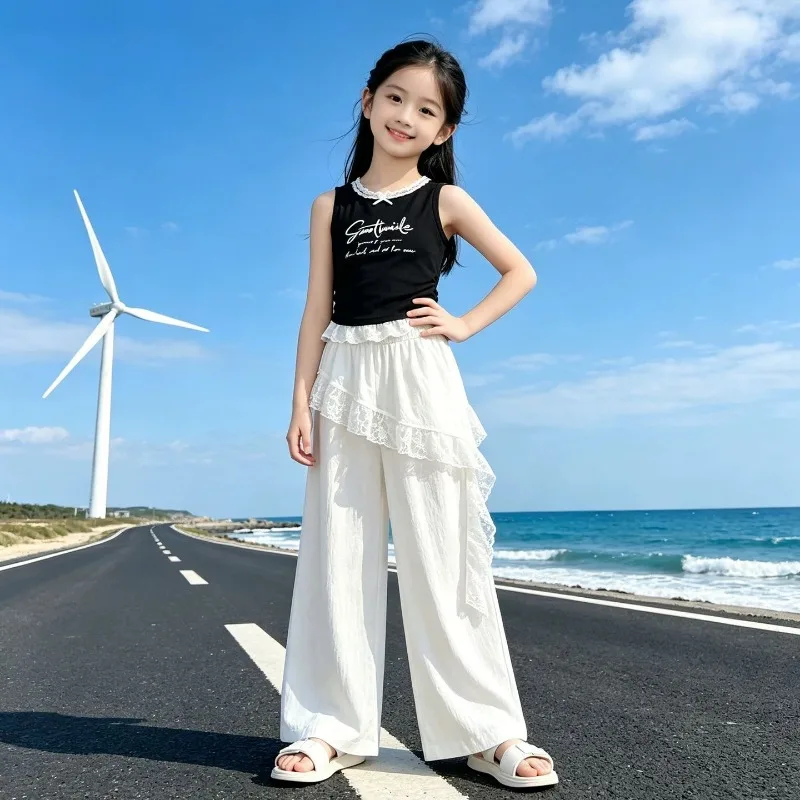 Elastic Waist Lace Ruffle Hem Fake Layer Casual Trousers For Kids