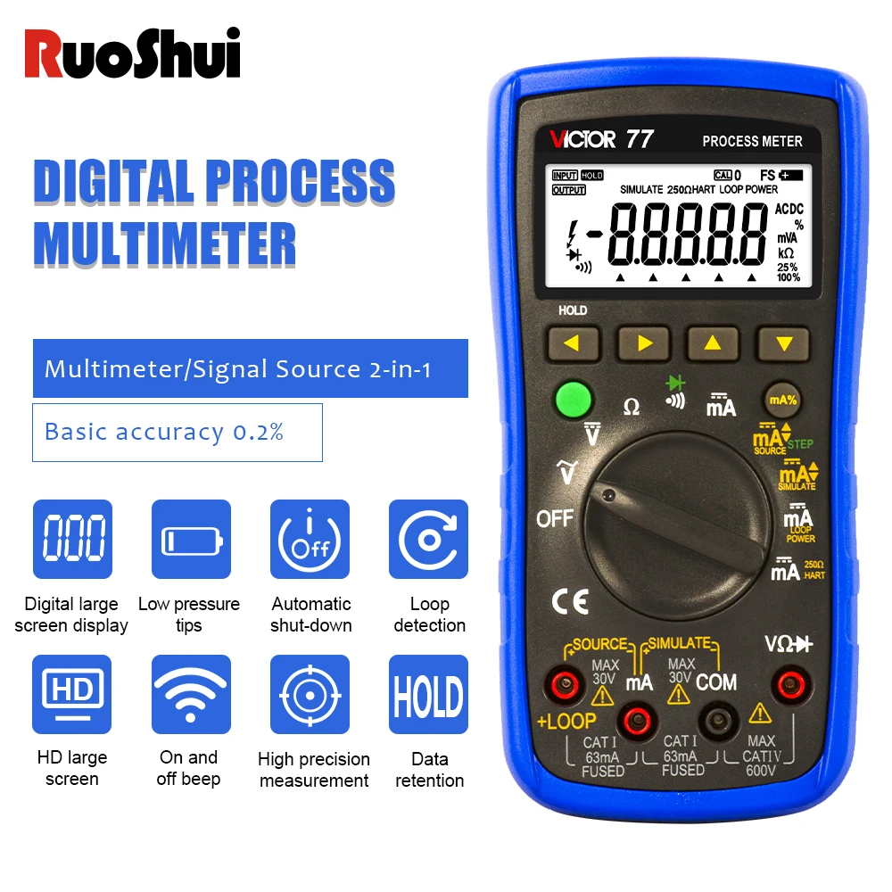 Ruoshui 77 Processo Medidor Fonte de Sinal Multímetro Digital Loop Abastecimento Simular Transmissor Ohms Diodo Calibrador de Processo de Saída