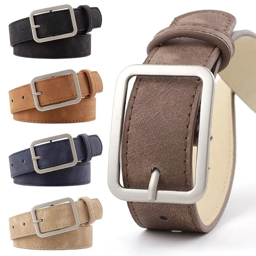 Fashion Square Pin Buckles Belts Women Silver Buckle Leather Belts for Jeans Retro Wild Belts for Women Waistbands Student Strap