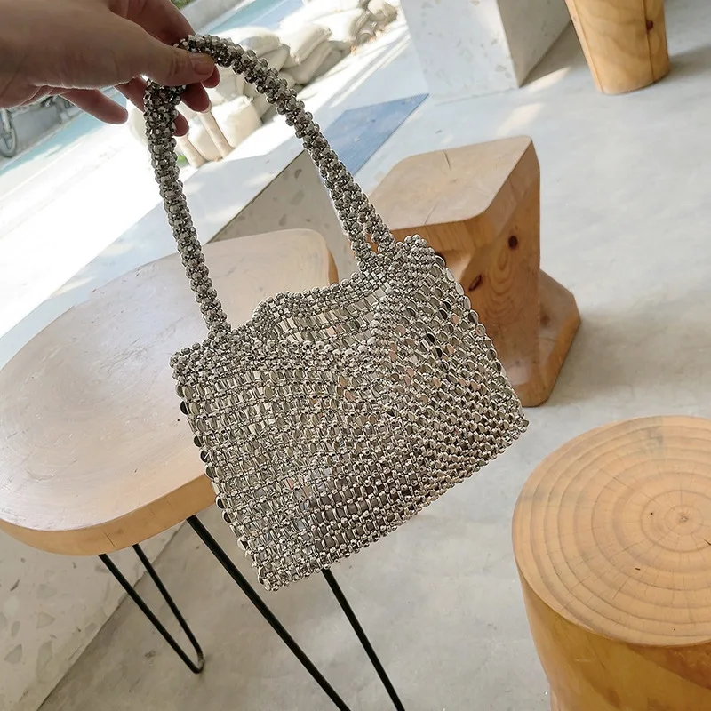

iny Handmade Metal op Bag Beaded Retro Small Handbag Soft Open Top Pure Color Vertical Square Youth Par Bag