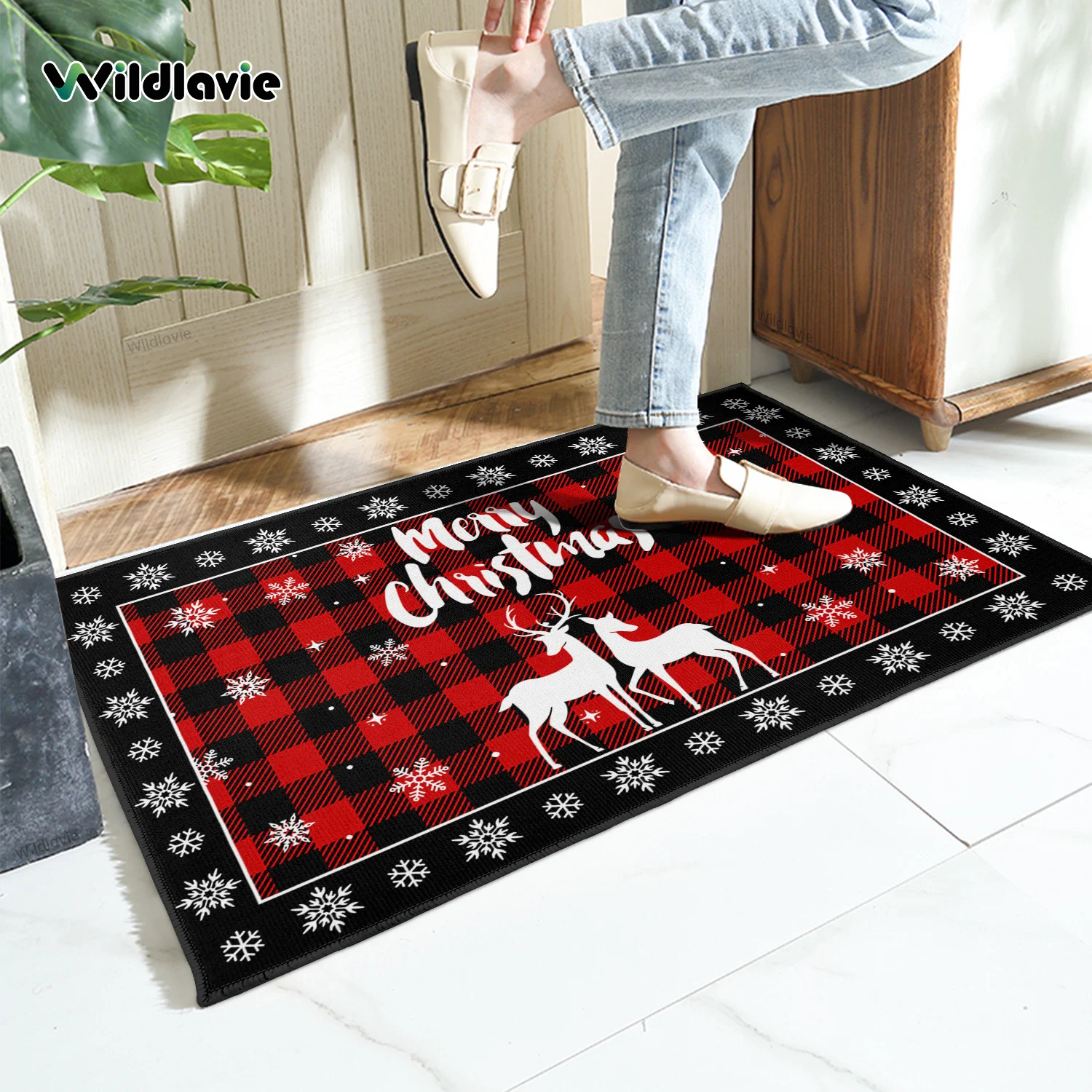 VIKAMA Tappeto zerbino natalizio a tema, tappeto ingresso soggiorno a quadretti rossi resistente all'usura, decorazione natalizia