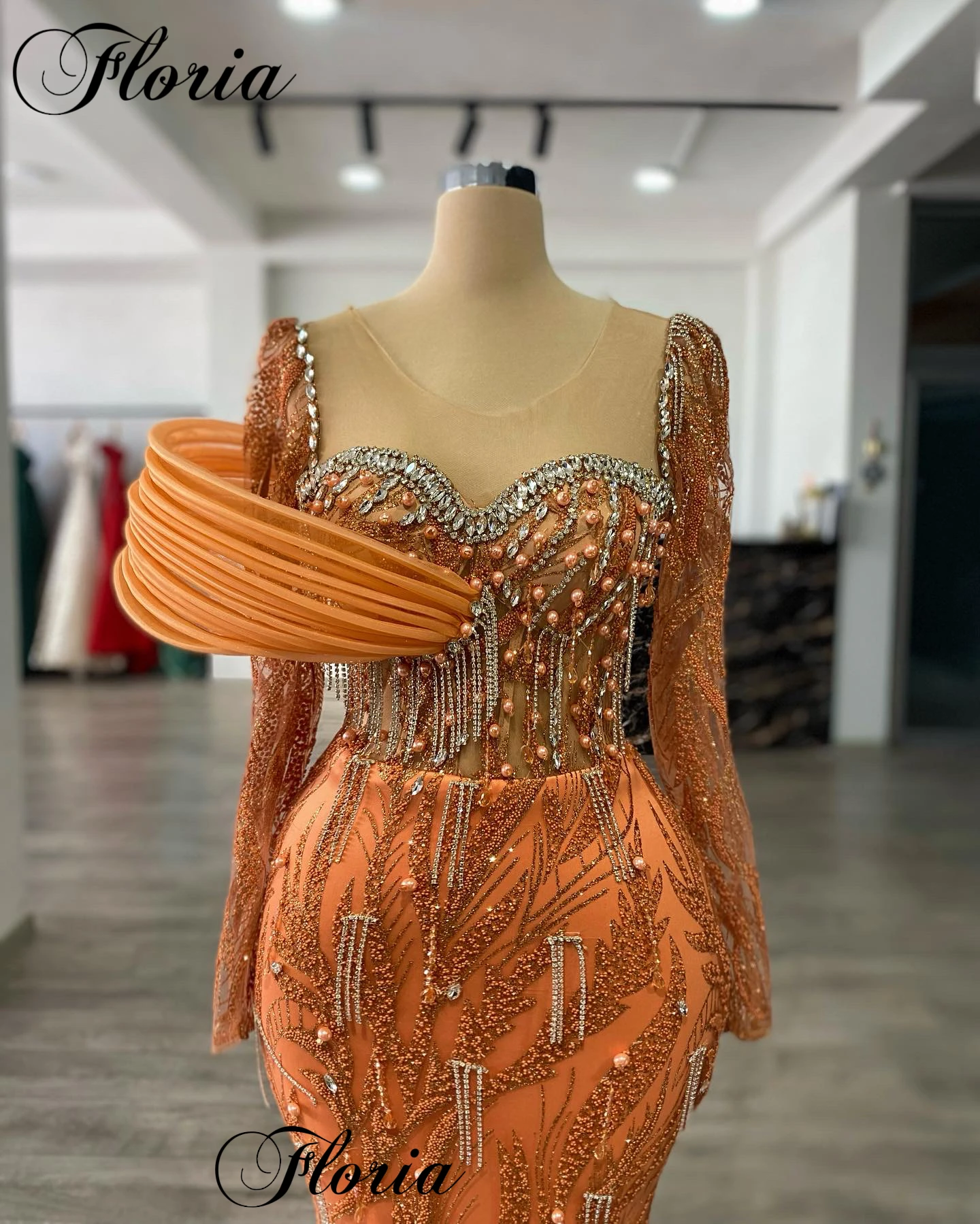 Burnt Orange Evening Dresses For Women 2024 Long Sleeves Celebrity Dresses With Pearls Robes De Soirée Red Carpet Runway Gowns