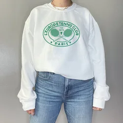 L'EUROPE Tennis Club Paris Retro Style White Jumper Long Sleeve Loose Cotton Crewneck Autumn Winter Pullover 80s 90s Sweatshirts