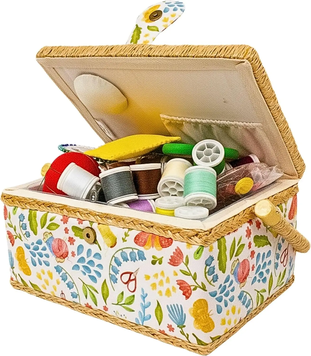 

Large Wooden Sewing Basket with Complete Kit, Removable Tray, Tomato Pincushion for Beginners and Mending