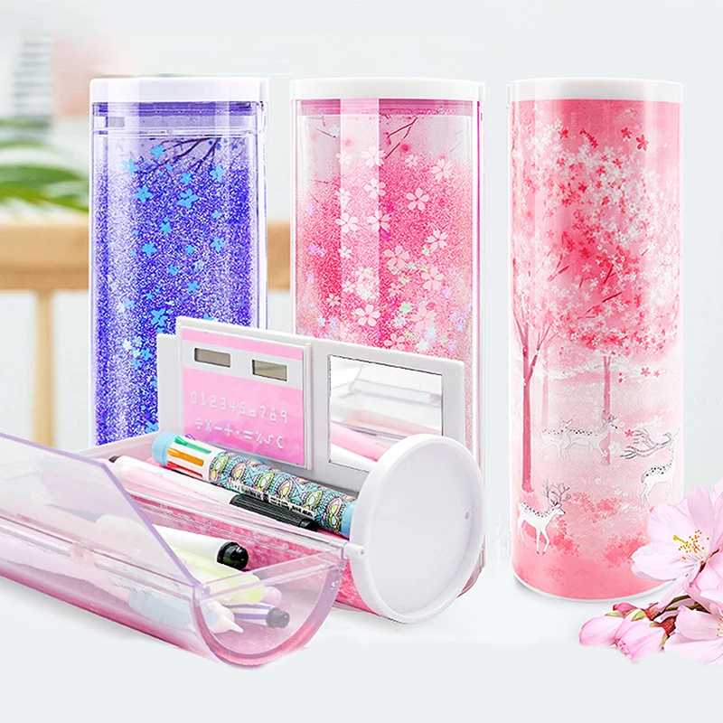 Multifunctional Standing Quicksand Pencil Case Organizer Double Layer With Mirror Erasable Notepad Calculator