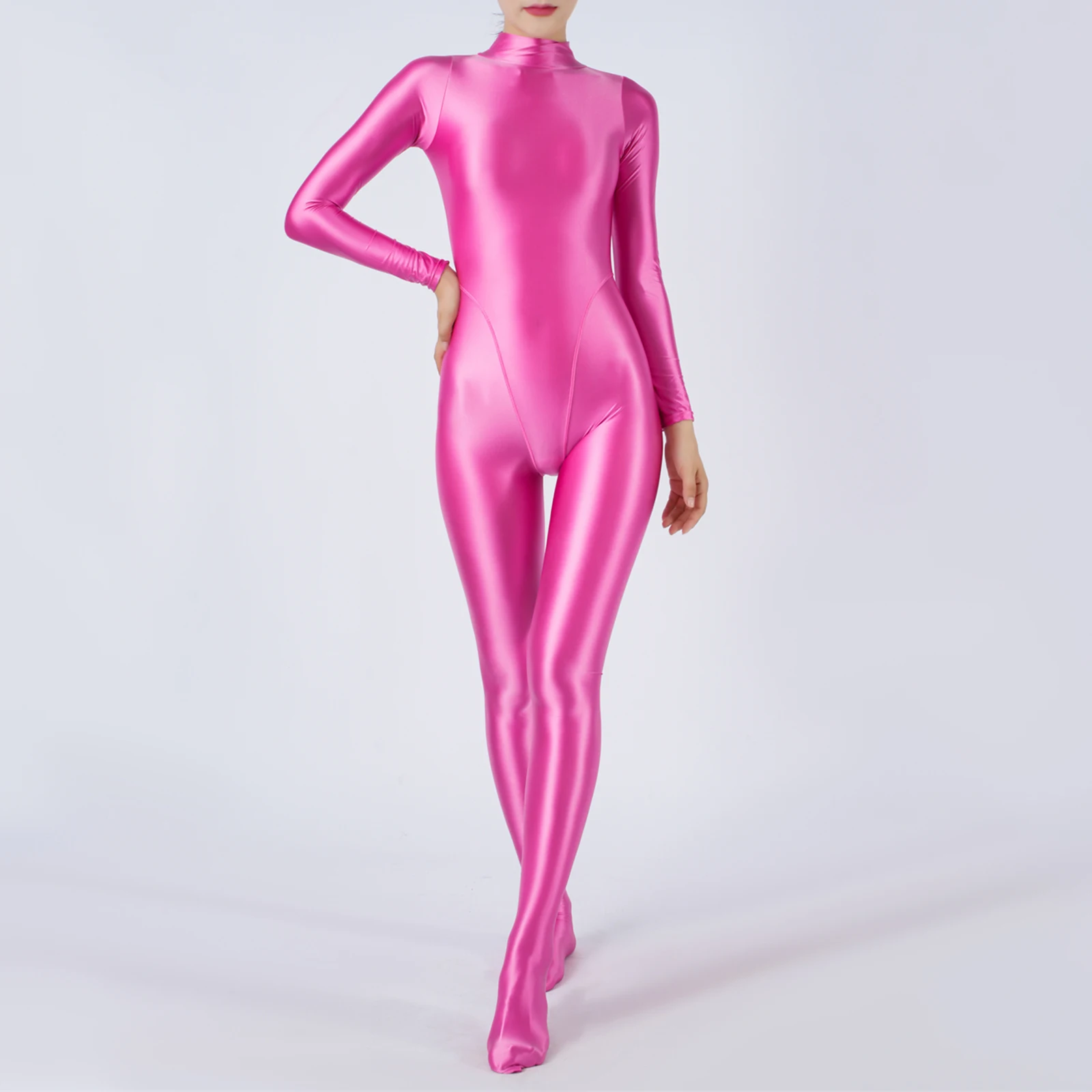 Womens Oil Shiny Glossy Jumpsuit Mock Neck Long Sleeve Full Body Tights Bodysuit Gym Workout Fitness Yoga Rash Guard Swimsuit