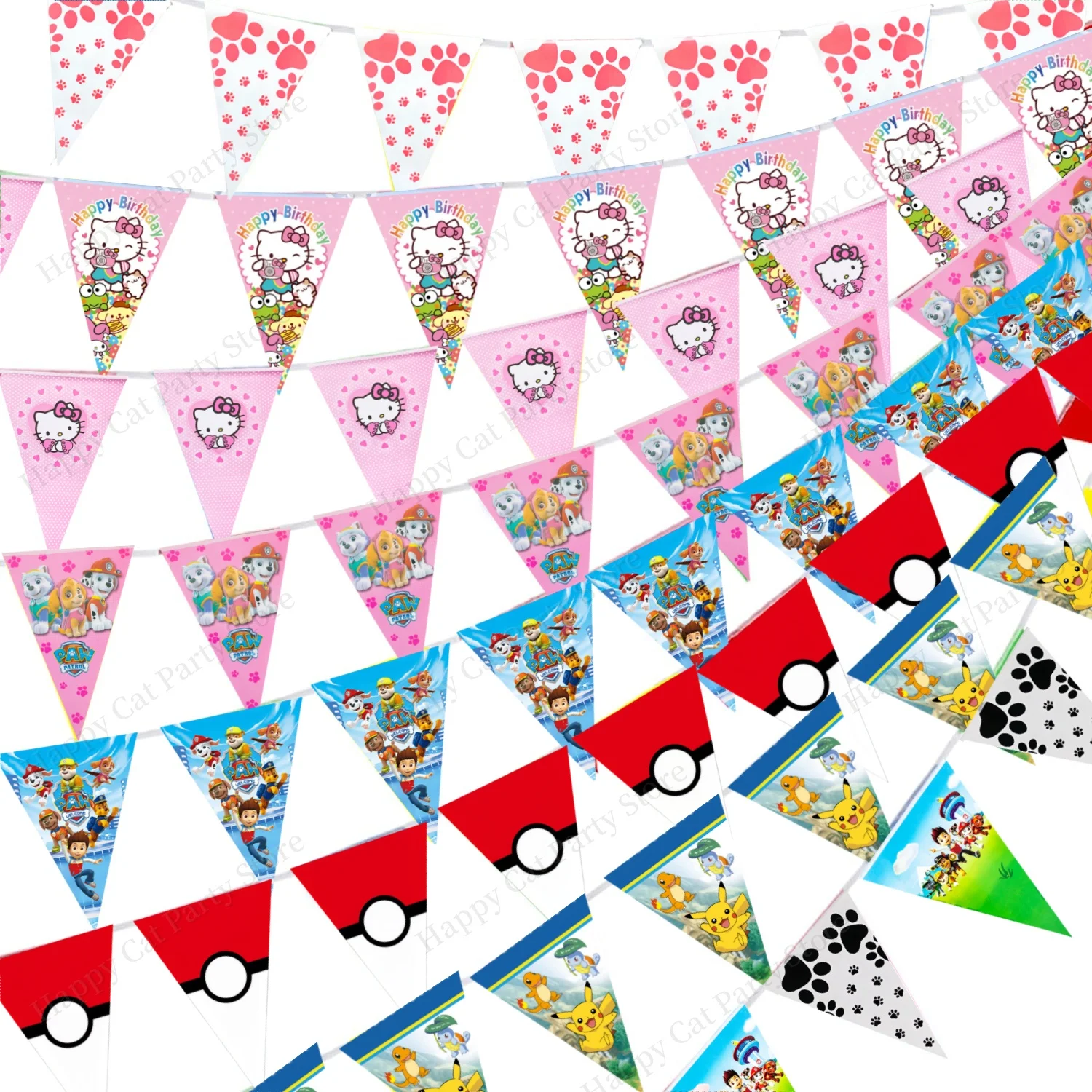 PAW Patrol Banner Pokemon Bunting Banner Hello Kitty Party Decor Triangle Flags Pennant Hanging Kids Favors DIY Party Supplies