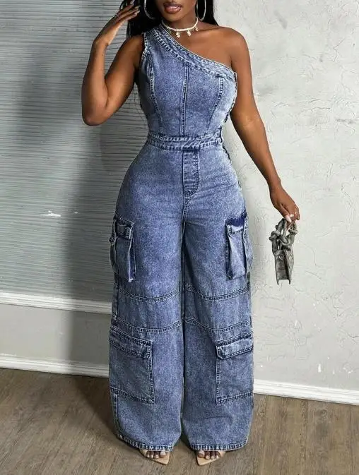 بدلة قفز ذات ياقة مائلة وكتف واحد بتصميم عالي الخصر وسحاب جانبي مستقيم الساق للنساء بذلة عالية الشارع العصرية #2