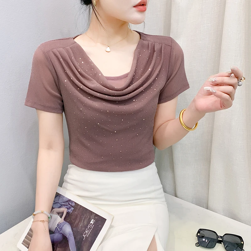 MadBlack – europäisches Damen-T-Shirt, sexy O-Ausschnitt, Diamant, Streetwear, kurzärmelig, schmales S-3XL-Mesh-T-Shirt, 2025, Sommer, neu, T53803CC