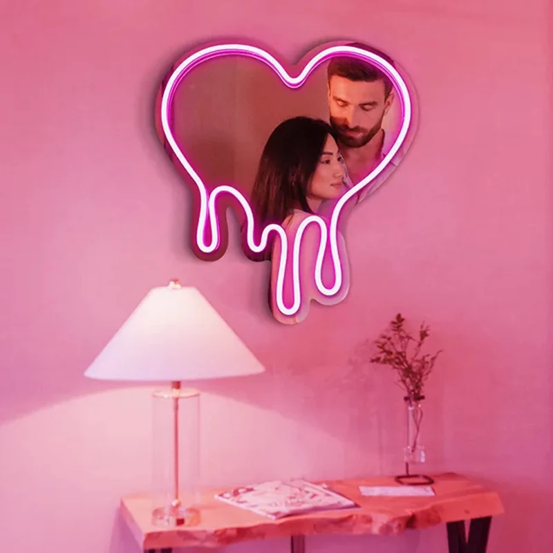 Heart LED Neon Mirror Sign with Pink Light Makeup Mirror Girls Room Decoration Lights Atmosphere Night Lamp USB+Battery Powered