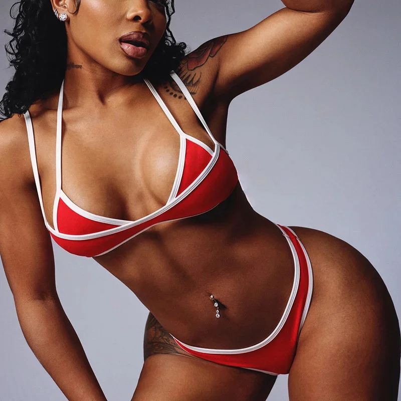 

Sexy Patchwork Women 2piece Swimsuit Set Summer Classic Stacked Halter V-neck Bikini Tanks Underwear Female Matching Beach Sets