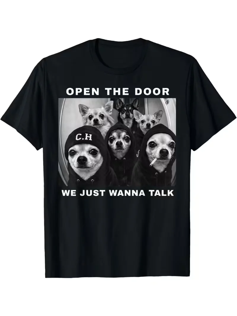Funny Chihuahua Meme Print T-shirt Open The Door Graphic Short Sleeve TopsWomen Casual Loose Streetwear Daily Wear Tee