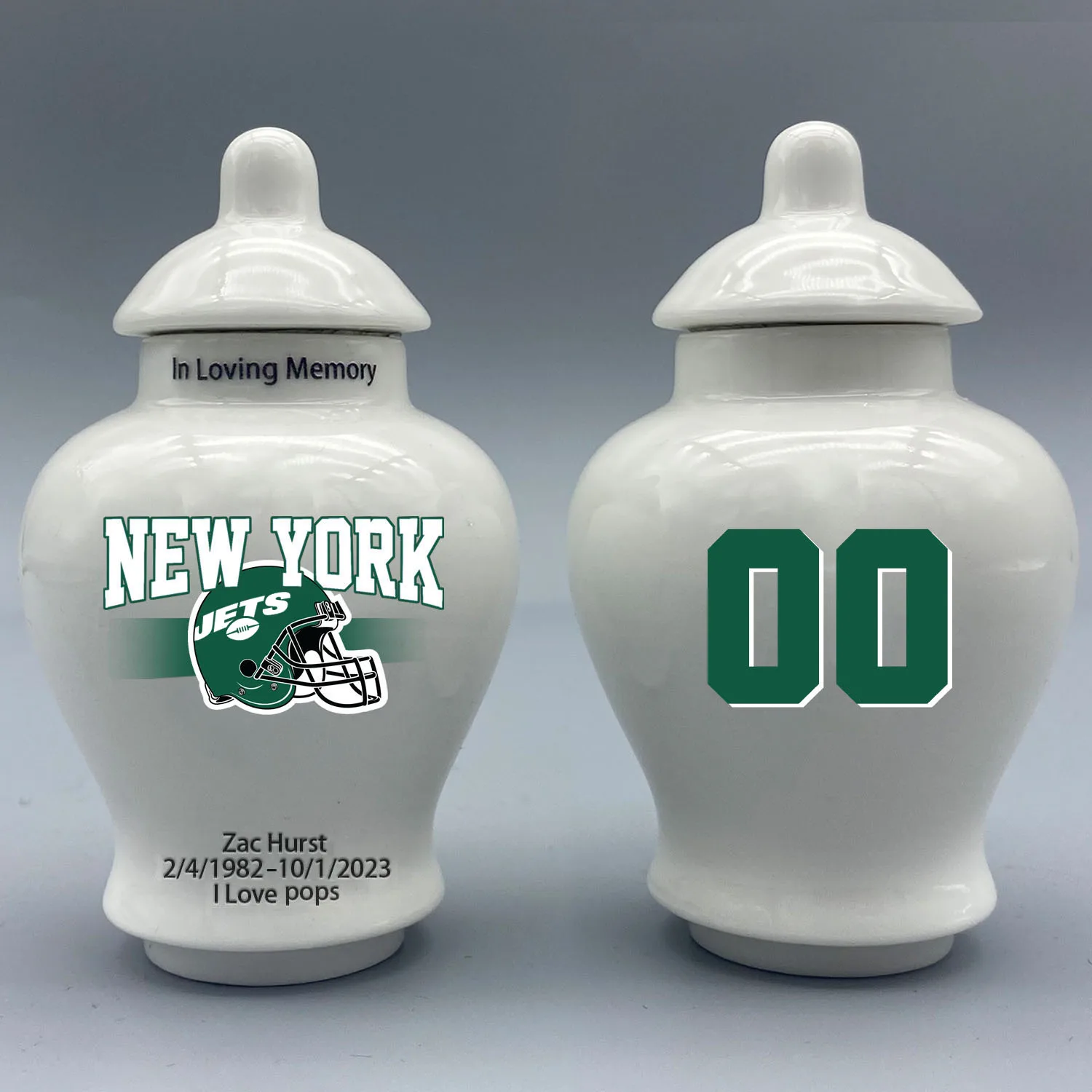 

Mini Urn for New York Jets-themed Logo Urn.Please send me the customization information - name/date and number on the urn