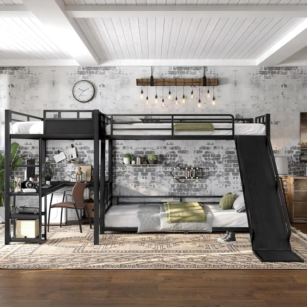 Heavy Duty Triple Bunk Bed, Twin XL Over Queen L-Shaped with Slide, Desk, and Storage, Black view 3