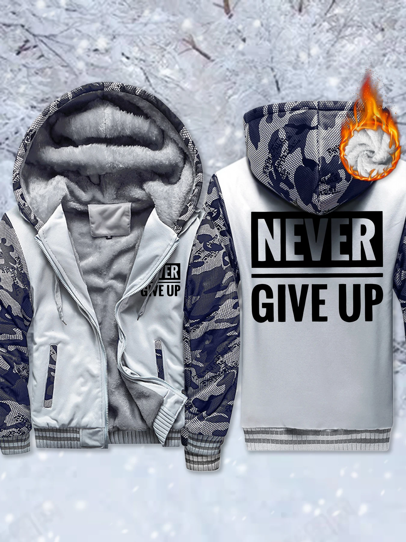

Never Give Up Print Basics Fleece Jackets Men'S Winter Fashion Coat Warm Thicken Hoodie Comfy Zipper Sportswear Loose Clothes