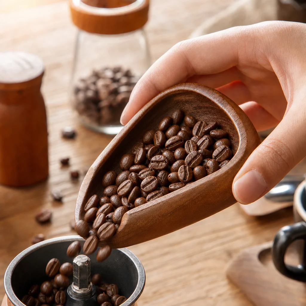 Anti-Static Wooden Coffee Dosing Tray, Solid Wood Measuring Scoop, Espresso & Tea Container, Kitchen Coffee Accessories