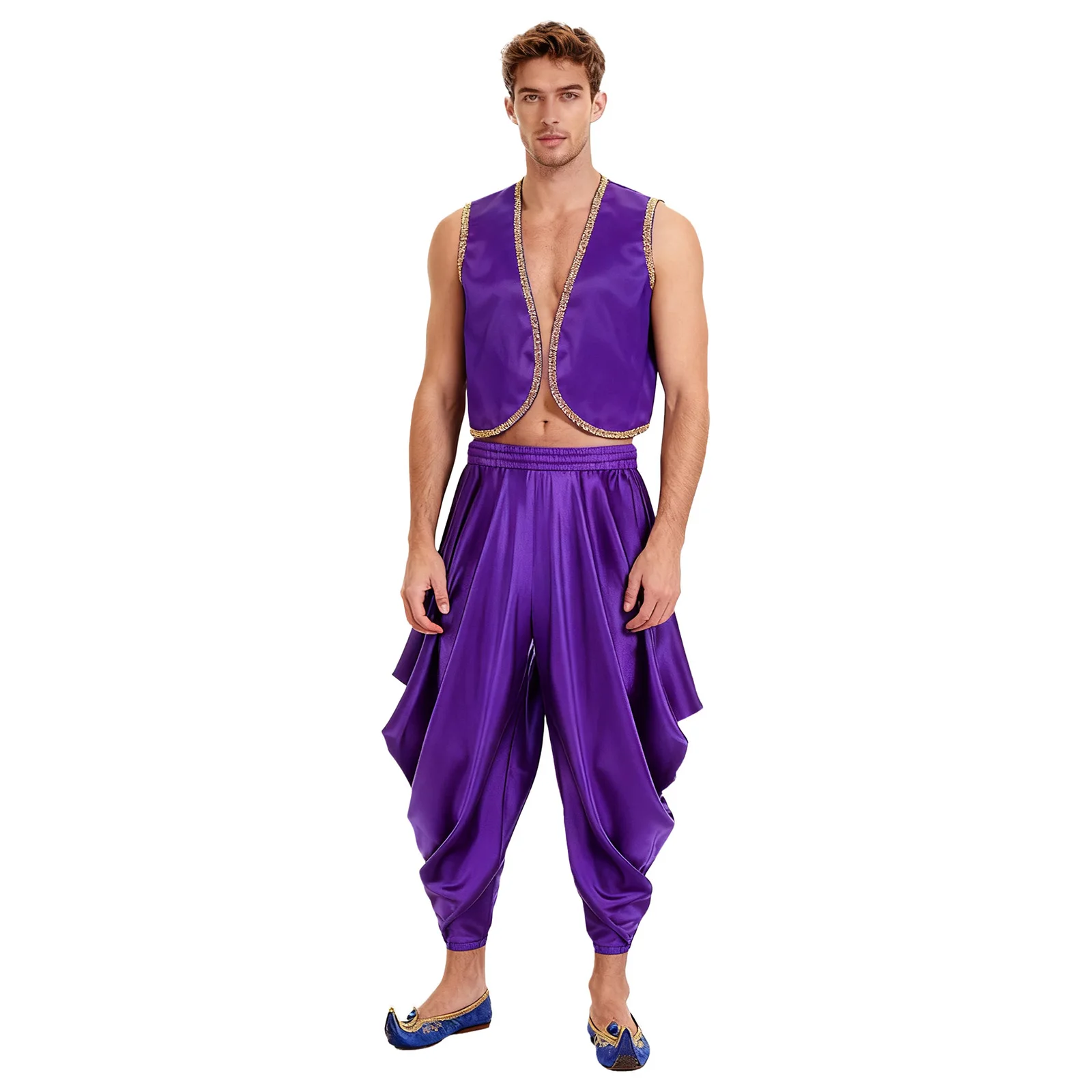 

Mens Regal Desert Prince Attire with Embroidered Vest And Adjustable Pants Luxurious Two Piece Set for Halloween Carnival Events