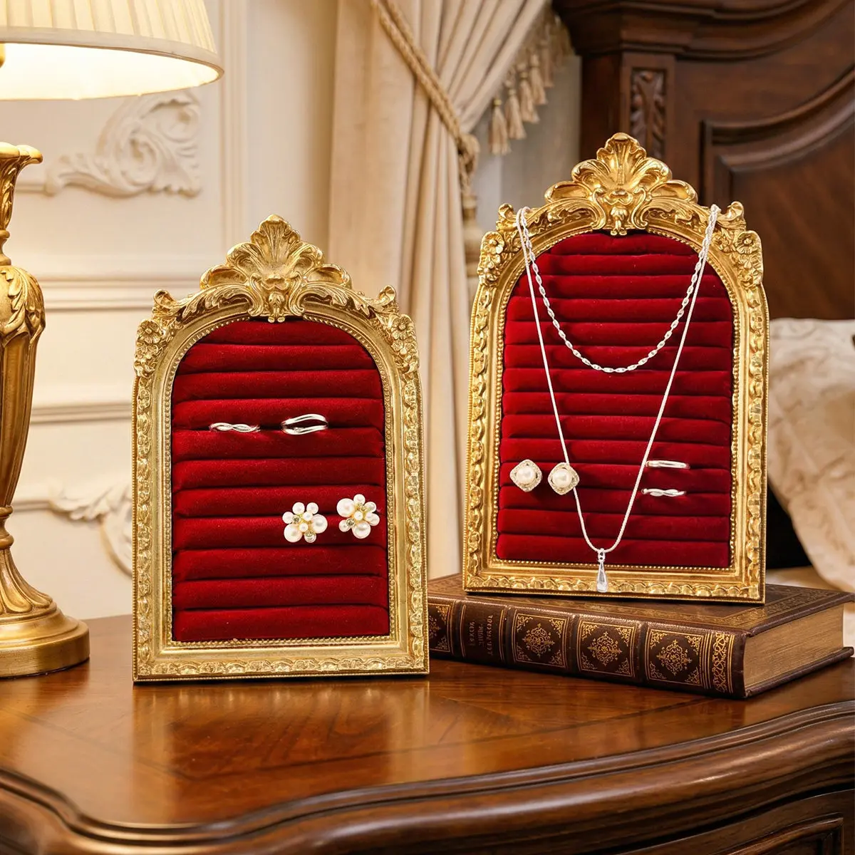 European Vintage Arch Velvet Photo Frame, Multi-Color Ring & Earring Display, Shop Jewelry Storage & Photography Prop