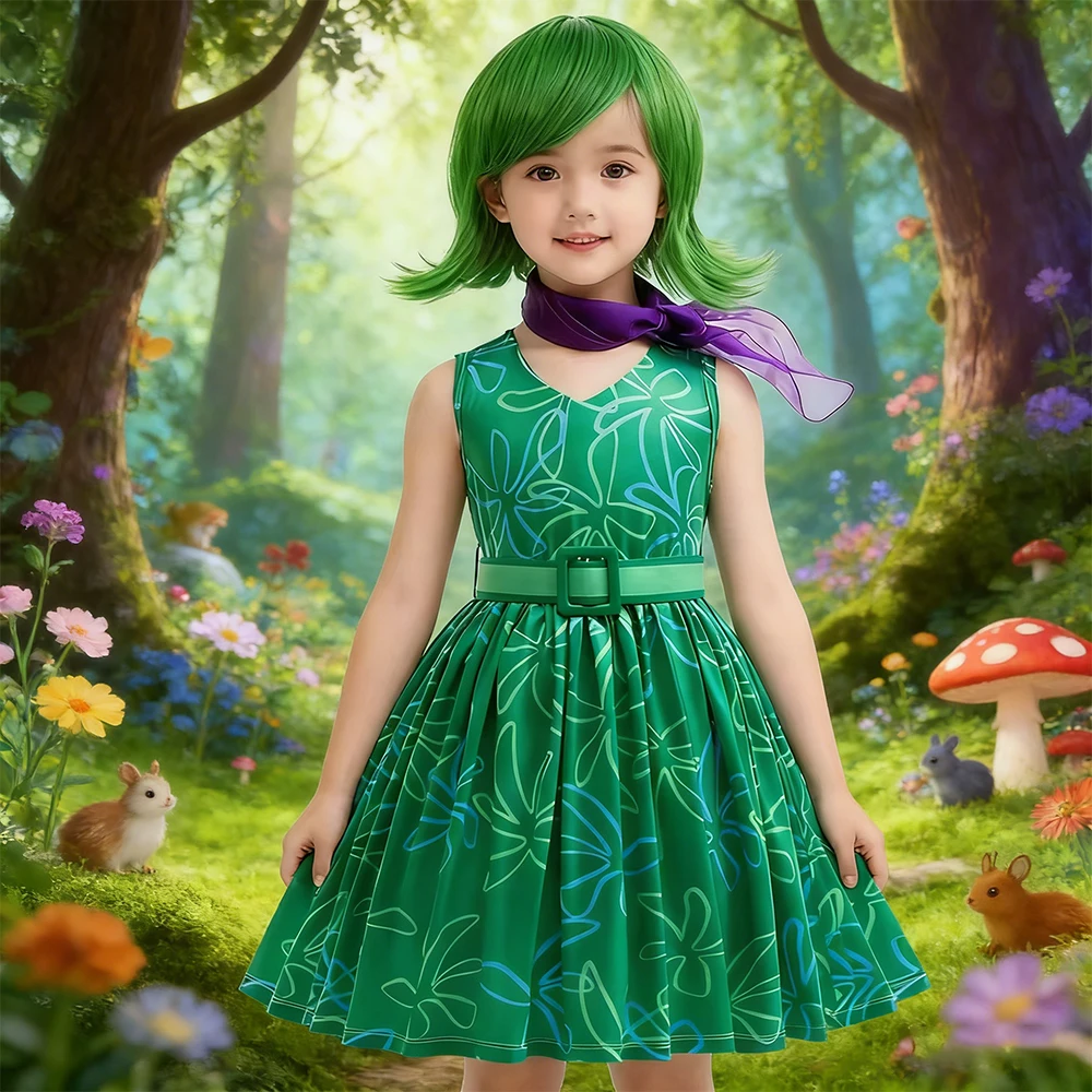 Girls Inside Out Disgust Cosplay Halloween Costumes Birthday Party Dresses Children\'s Role-playing Christmas Carnival Clothing
