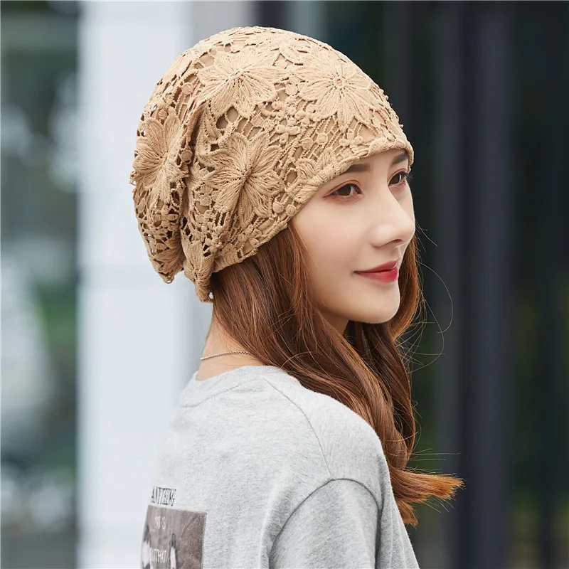 Women's Spring Autumn Thin Lace Hollow out Headscarf Hat Breathable Air Conditioning Cap Fashionable Windproof Sleep Hat