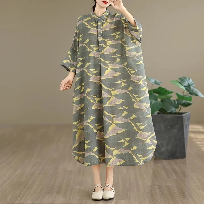 Ropa de mujer 2025 otoño nuevo estilo artístico Retro algodón cáñamo impreso cuello levantado suelto Extra grande vestido de vacaciones w1033