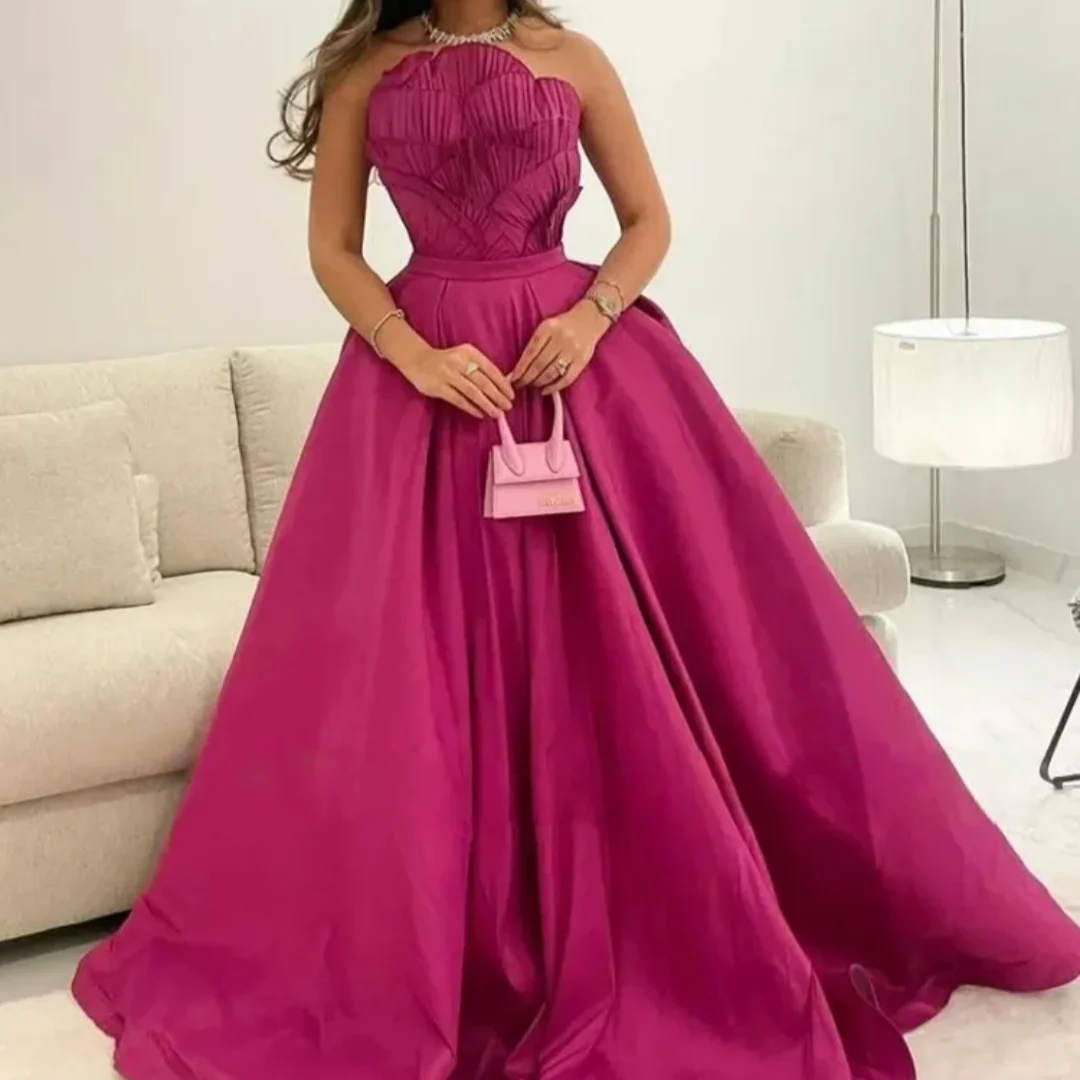 

A-Line Satin Prom Dresses Pleat Women Evening Party Dress Fuchsia Strapless Formal Occasion Dresses Customized