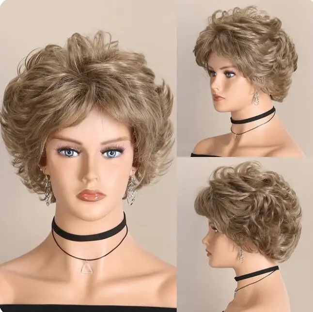 Layered Short Synthetic Wigs Wavy Curly Blonde Brown Mixed Women Nature Hair Wig for Daily Party