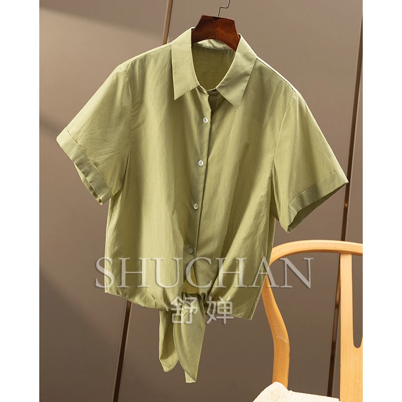 قميص نسائي عالي الجودة بتصميم قطني حريري برباط وأكمام قصيرة 55A0 Blusas Mujer De Moda 2025 Verano