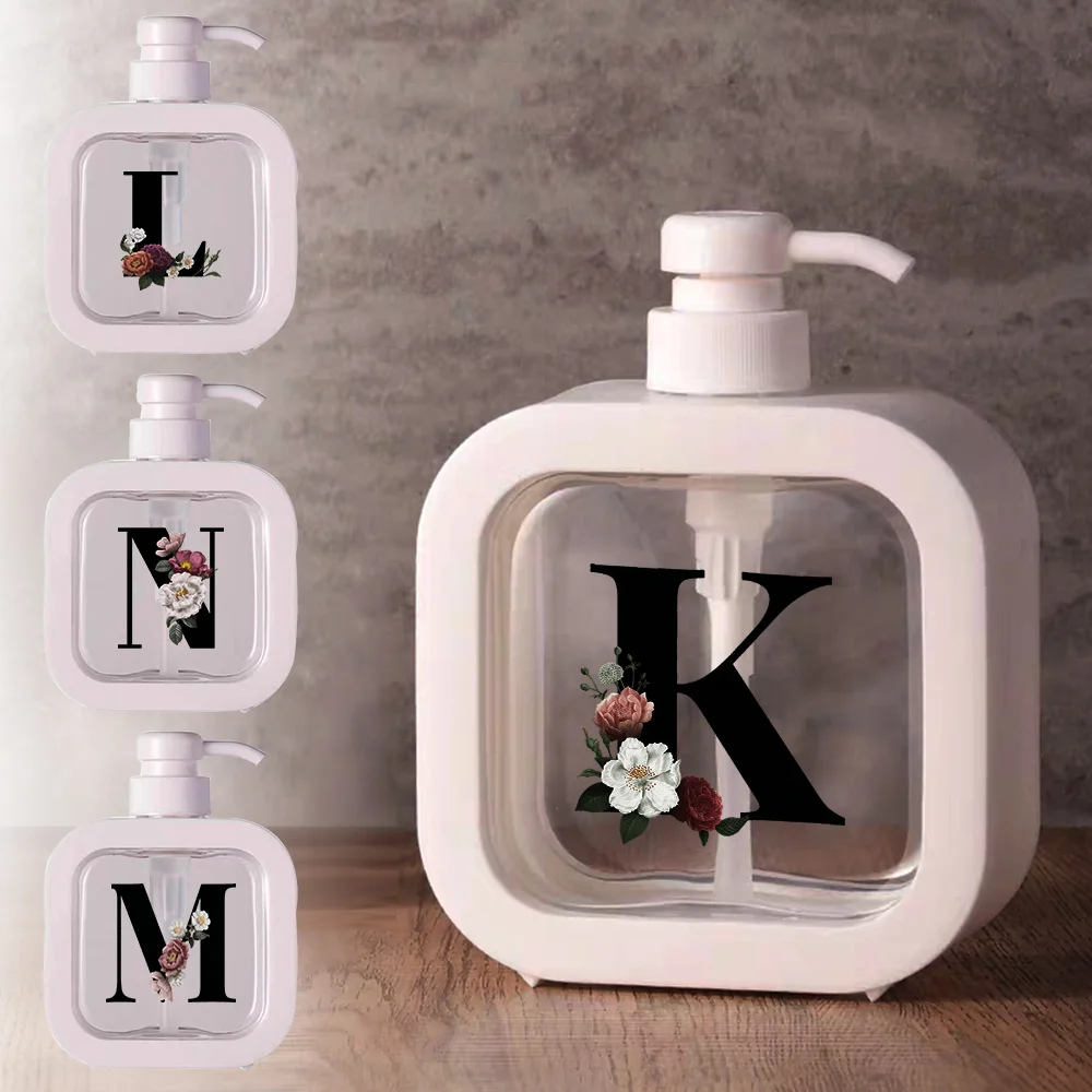 

500ml Durable Empty Bottle Press Type Refillable Use Shower Gel Dispensers Detachable Storage Bottle Black Floral Pattern