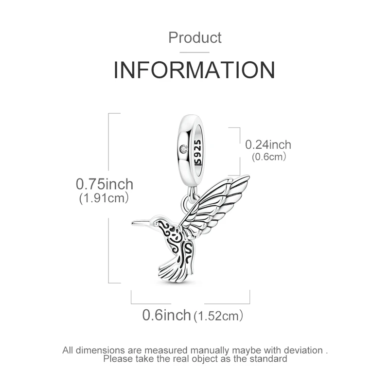 Original Real 925 Sterling Silver Charms Bead Retro Pattern Hummingbird Pendant Fit Original Bracelet For Women DIY Jewelry Gift