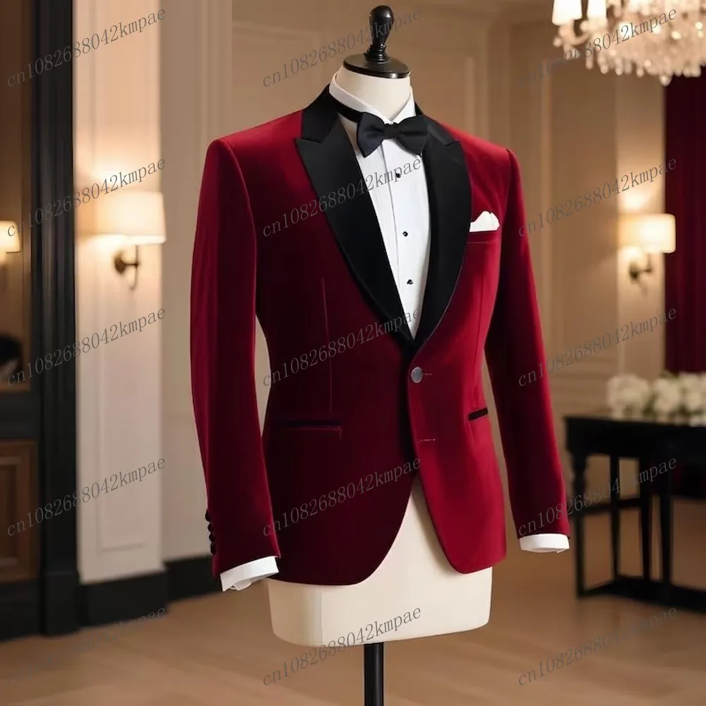 New Velvet Burgundy Men Blazer Business Formal Occasion Office Coat Casual Work Prom Single Jacket Wedding Party Male Suit