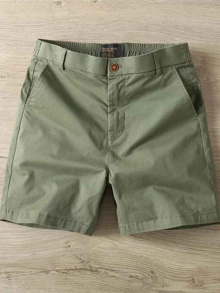 Summer New Men's Slim Fit Straight Leg Workwear Shorts Elastic Beach Pants mid Waist Pure Cotton Youth Fashion Chinese Brand