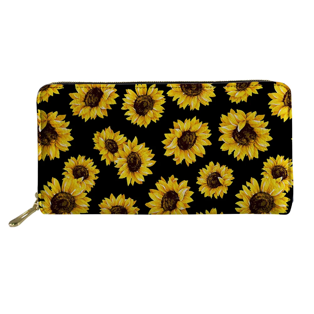 Cute Sunflower Print Ladies Long Wallet, Cash Holder Women's Clips Versatile PU Leather Coin Purse, Credit Card Holder
