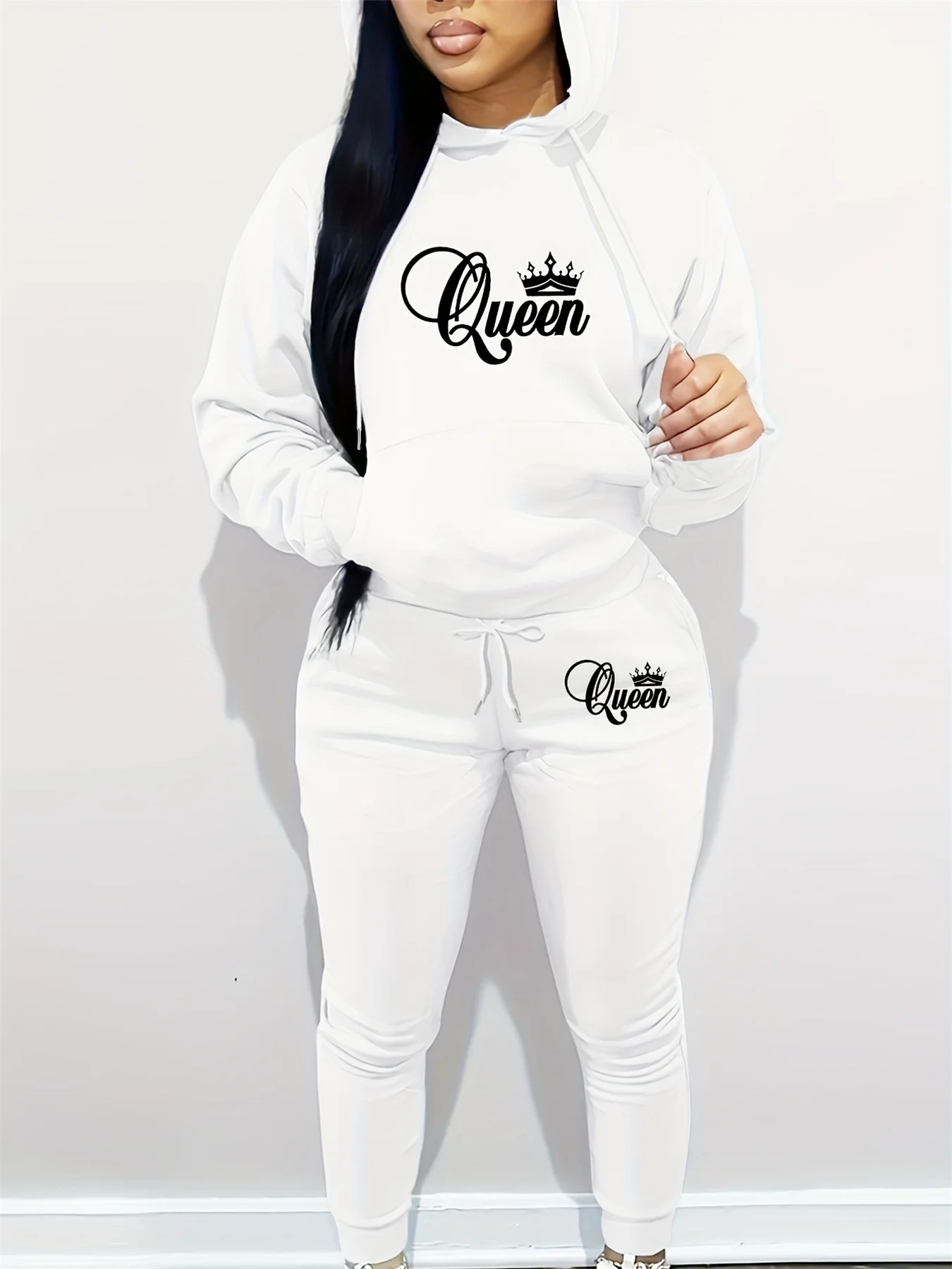Ensemble sweat à capuche + pantalon de sport pour femmes, Hip Hop Street, décontracté, reine, lettre imprimée, chemise de sport ample, vêtements chauds en polaire, automne