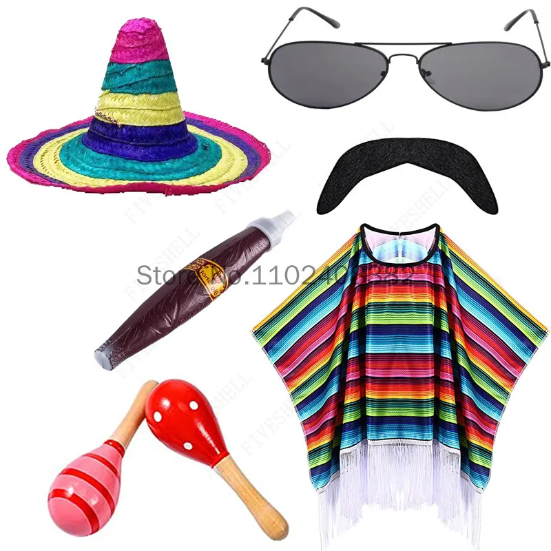 Mexican Shawl Halloween Cloak Cosplay Prom Party Festival Mexican Hat Sunglasses Smoke Pipe Adult Children\'s Stripe Cloak 6-PCS