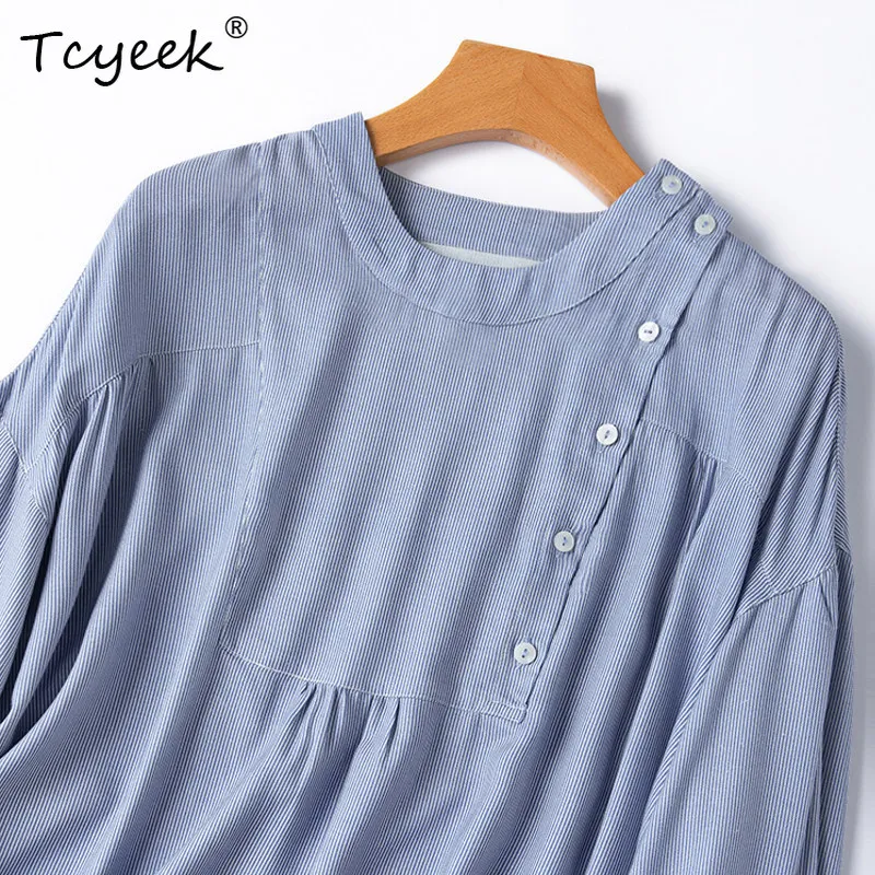 Tcyeek 50% Real Silk Blouses for Women 2026 Spring Unique Skin-friendly Blue and White Striped Shirt Woman Clothes Chemise Femme