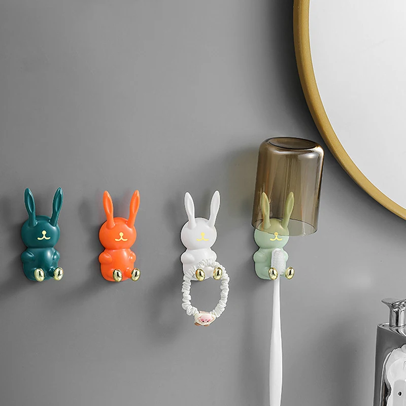 Cute Rabbit Toothbrush Holder Punch-free Toothbrush Shelving Strong Adhesive Wall Hook Multifunctional Power Plug Holder Hanger